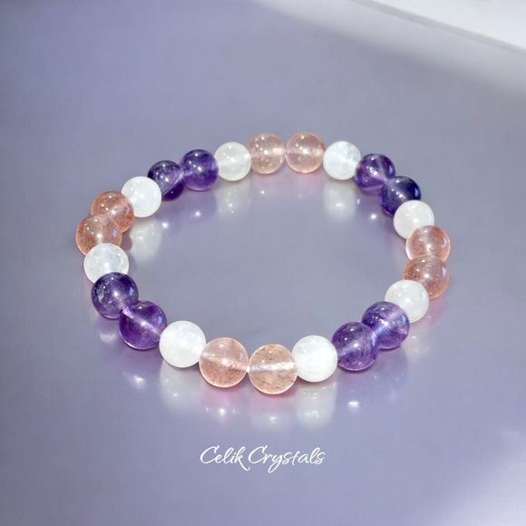Amethyst, Strawberry Quartz, White Quartz Bracelet Natural Stones 8mm Stretches - Picture 3 of 7